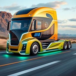 A cutting-edge semi-truck with a futuristic design, featuring sleek aerodynamic lines, advanced technology integration, and vibrant color scheme