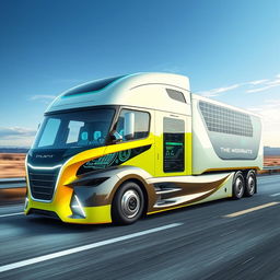 A cutting-edge semi-truck with a futuristic design, featuring sleek aerodynamic lines, advanced technology integration, and vibrant color scheme