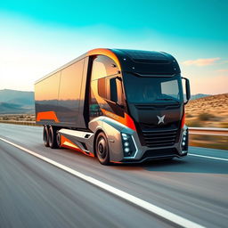 A cutting-edge semi-truck with a futuristic design, featuring sleek aerodynamic lines, advanced technology integration, and vibrant color scheme