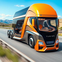 A cutting-edge semi-truck with a futuristic design, featuring sleek aerodynamic lines, advanced technology integration, and vibrant color scheme