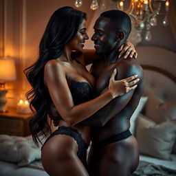 A sensual and intimate scene featuring a confident Indian woman in her 30s, with long, flowing dark hair and an alluring smile, dressed in elegant and enticing lingerie