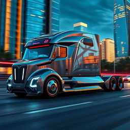 A cutting-edge semi-truck featuring a sleek, aerodynamic design with a futuristic look