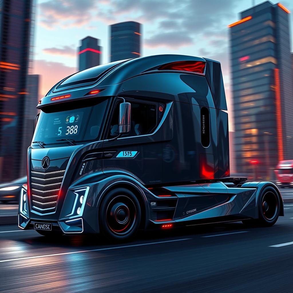 A cutting-edge semi-truck featuring a sleek, aerodynamic design with a futuristic look