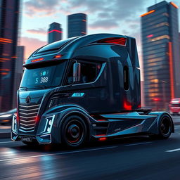 A cutting-edge semi-truck featuring a sleek, aerodynamic design with a futuristic look