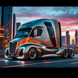 A cutting-edge semi-truck featuring a sleek, aerodynamic design with a futuristic look