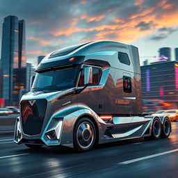 A cutting-edge semi-truck featuring a sleek, aerodynamic design with a futuristic look