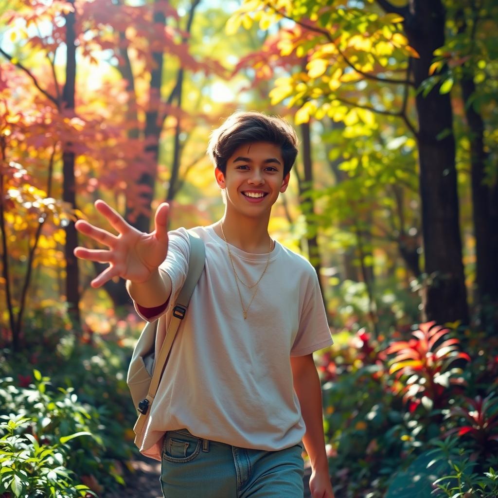 A teenager walking with their hand out in a colorful forest, surrounded by vibrant trees and foliage, conveying a sense of wonder and exploration