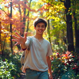 A teenager walking with their hand out in a colorful forest, surrounded by vibrant trees and foliage, conveying a sense of wonder and exploration