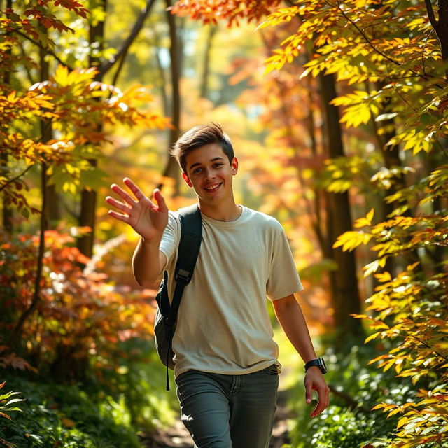 A teenager walking with their hand out in a colorful forest, surrounded by vibrant trees and foliage, conveying a sense of wonder and exploration