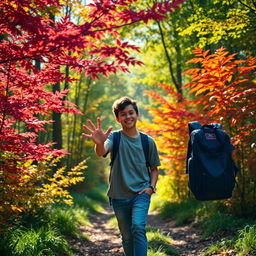 A teenager walking with their hand out in a colorful forest, surrounded by vibrant trees and foliage, conveying a sense of wonder and exploration
