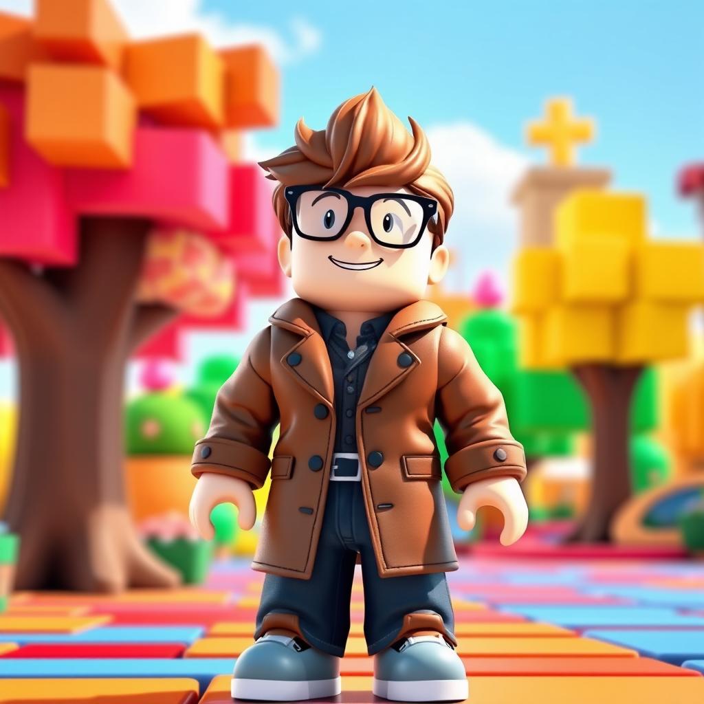 A Roblox character designed as a boy wearing a stylish brown coat and fashionable glasses, standing confidently in a vibrant, colorful environment that reflects the playful aesthetic of Roblox