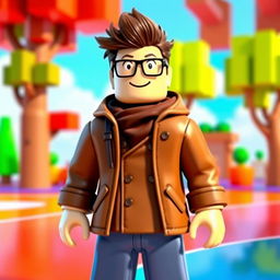 A Roblox character designed as a boy wearing a stylish brown coat and fashionable glasses, standing confidently in a vibrant, colorful environment that reflects the playful aesthetic of Roblox