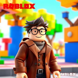 A Roblox character designed as a boy wearing a stylish brown coat and fashionable glasses, standing confidently in a vibrant, colorful environment that reflects the playful aesthetic of Roblox
