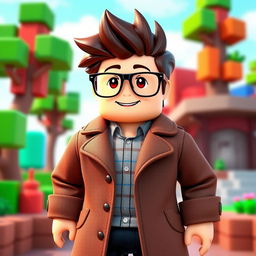 A Roblox character designed as a boy wearing a stylish brown coat and fashionable glasses, standing confidently in a vibrant, colorful environment that reflects the playful aesthetic of Roblox
