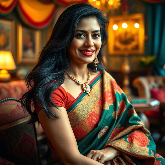 A stunning Indian woman in her 40s, exuding confidence and sophistication, wearing a beautifully embroidered traditional saree with vibrant colors