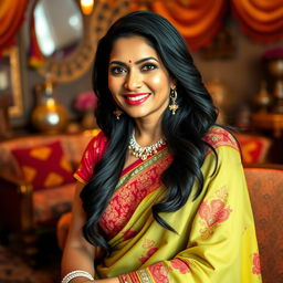 A stunning Indian woman in her 40s, exuding confidence and sophistication, wearing a beautifully embroidered traditional saree with vibrant colors