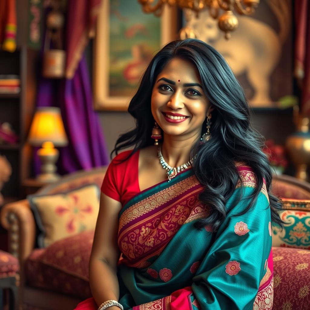 A stunning Indian woman in her 40s, exuding confidence and sophistication, wearing a beautifully embroidered traditional saree with vibrant colors