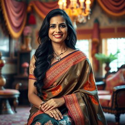 A stunning Indian woman in her 40s, exuding confidence and sophistication, wearing a beautifully embroidered traditional saree with vibrant colors