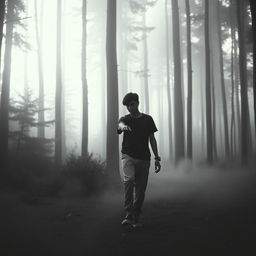 A teenager walking with their hand out in a monochromatic forest, where the entire scene is rendered in shades of gray