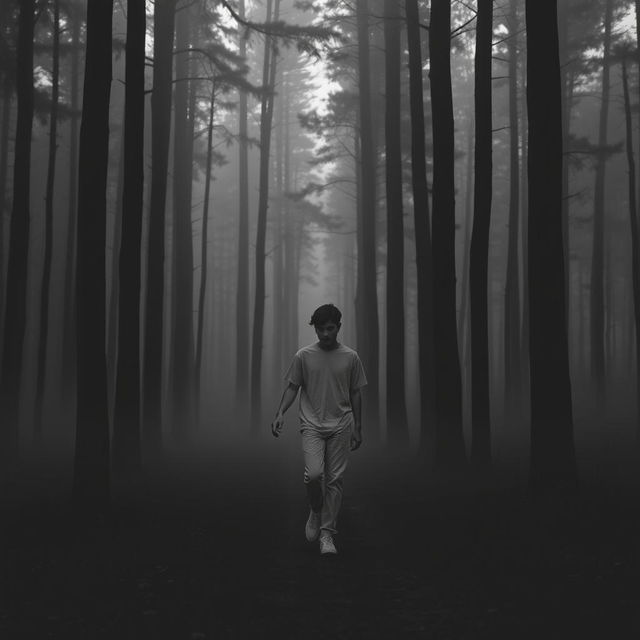 A teenager walking with their hand out in a monochromatic forest, where the entire scene is rendered in shades of gray