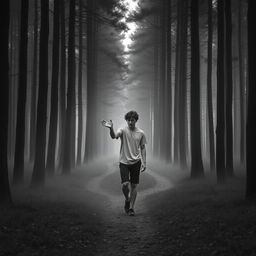A teenager walking with their hand out in a monochromatic forest, where the entire scene is rendered in shades of gray
