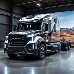 A cutting-edge Ram semi-truck featuring a bold, muscular design with distinctive Ram branding