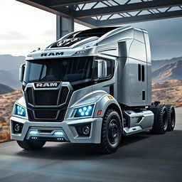 A cutting-edge Ram semi-truck featuring a bold, muscular design with distinctive Ram branding