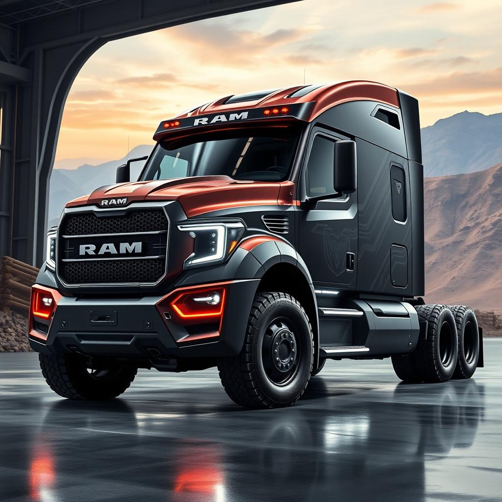 A cutting-edge Ram semi-truck featuring a bold, muscular design with distinctive Ram branding