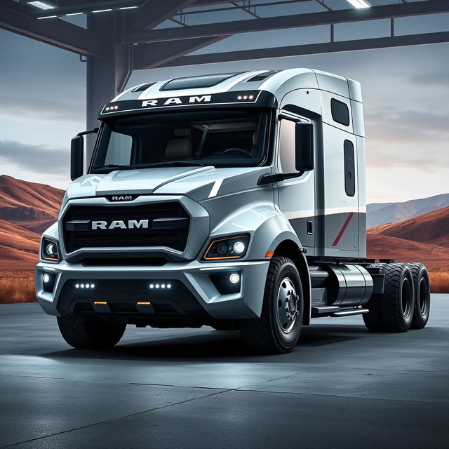 A cutting-edge Ram semi-truck featuring a bold, muscular design with distinctive Ram branding