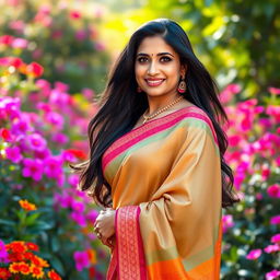 A beautiful Indian woman in her 40s with long, flowing black hair, dressed in an elegant and colorful saree that accentuates her curves