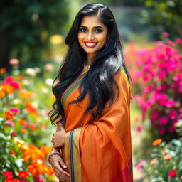 A beautiful Indian woman in her 40s with long, flowing black hair, dressed in an elegant and colorful saree that accentuates her curves