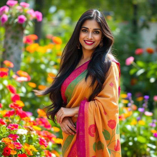 A beautiful Indian woman in her 40s with long, flowing black hair, dressed in an elegant and colorful saree that accentuates her curves