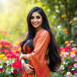 A beautiful Indian woman in her 40s with long, flowing black hair, dressed in an elegant and colorful saree that accentuates her curves