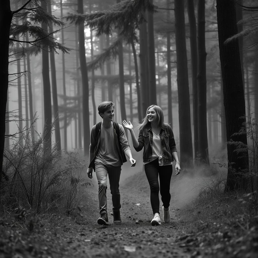 A teenager walking with a friend in a monochromatic forest, where the scene is depicted in shades of gray