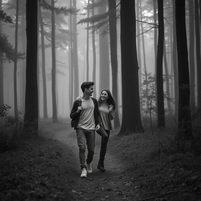 A teenager walking with a friend in a monochromatic forest, where the scene is depicted in shades of gray