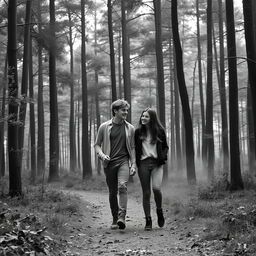 A teenager walking with a friend in a monochromatic forest, where the scene is depicted in shades of gray
