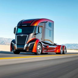 A cutting-edge Ram semi-truck, showcasing a sleek, modern design with sharp contours and a glossy, vibrant finish