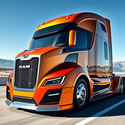 A cutting-edge Ram semi-truck, showcasing a sleek, modern design with sharp contours and a glossy, vibrant finish
