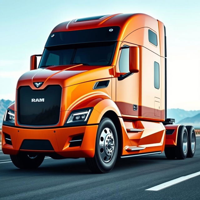 A cutting-edge Ram semi-truck, showcasing a sleek, modern design with sharp contours and a glossy, vibrant finish