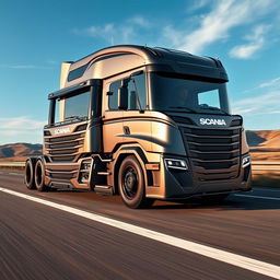 A cutting-edge Scania semi-truck, showcasing a sleek, state-of-the-art design with smooth lines and a striking metallic finish