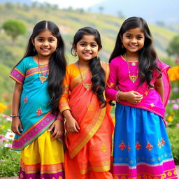 A vibrant scene featuring three cute Indian girls standing side by side, all wearing matching traditional outfits in bright colors, adorned with intricate embroidery