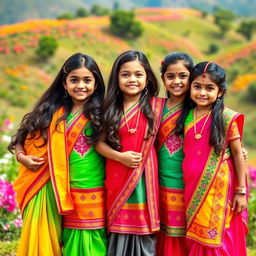A vibrant scene featuring three cute Indian girls standing side by side, all wearing matching traditional outfits in bright colors, adorned with intricate embroidery