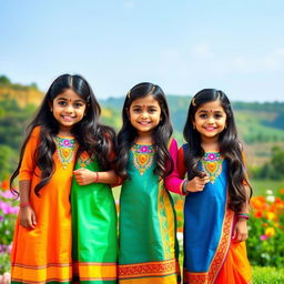 A vibrant scene featuring three cute Indian girls standing side by side, all wearing matching traditional outfits in bright colors, adorned with intricate embroidery