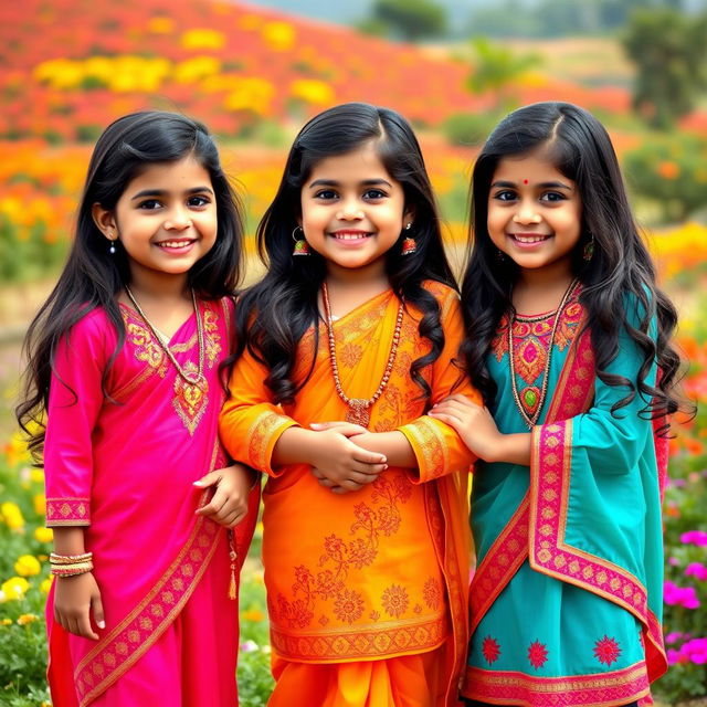 A vibrant scene featuring three cute Indian girls standing side by side, all wearing matching traditional outfits in bright colors, adorned with intricate embroidery