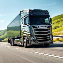 A cutting-edge Scania semi-truck, featuring a sleek, futuristic design with smooth contours and a glossy metallic finish