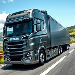 A cutting-edge Scania semi-truck, featuring a sleek, futuristic design with smooth contours and a glossy metallic finish
