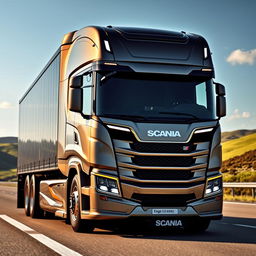 A cutting-edge Scania semi-truck, featuring a sleek, futuristic design with smooth contours and a glossy metallic finish