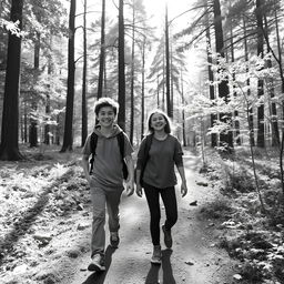 A teenage boy walking in a colorless forest with his friend, both enjoying their time together
