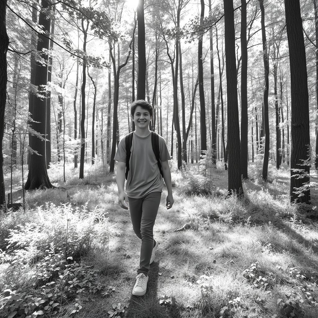 A teenage boy walking in a colorless forest with his friend, both enjoying their time together