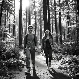 A teenage boy walking in a colorless forest with his friend, both enjoying their time together